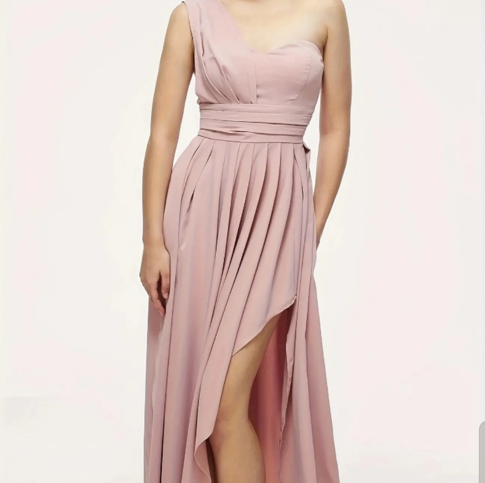 ELEGANT ONE SHOULDER NECK SLIT DRESS S Dusty pink S